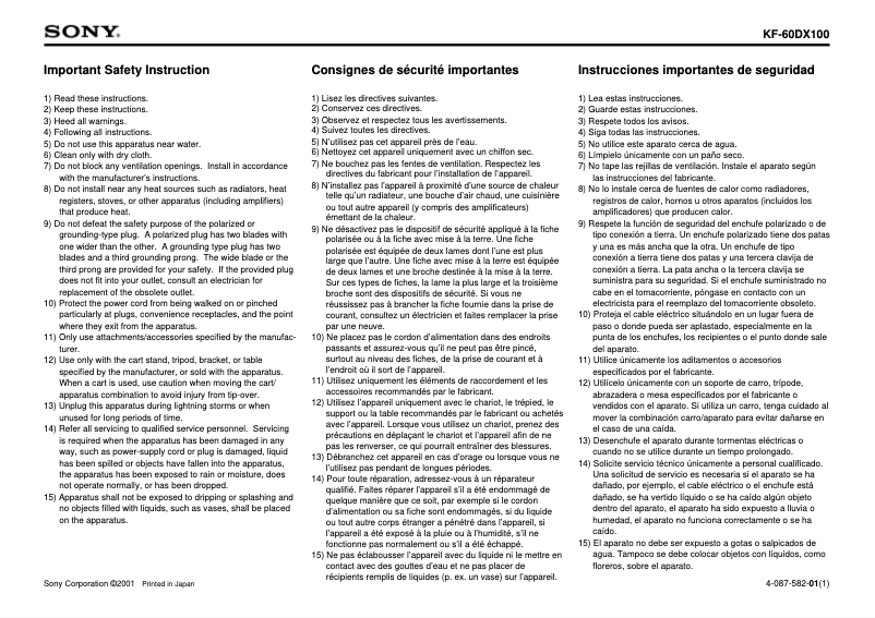 Page 1 de la notice Instructions de sécurité Sony KF-60DX100