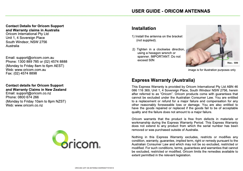 Page 1 of the manual User Manual Oricom ANU100