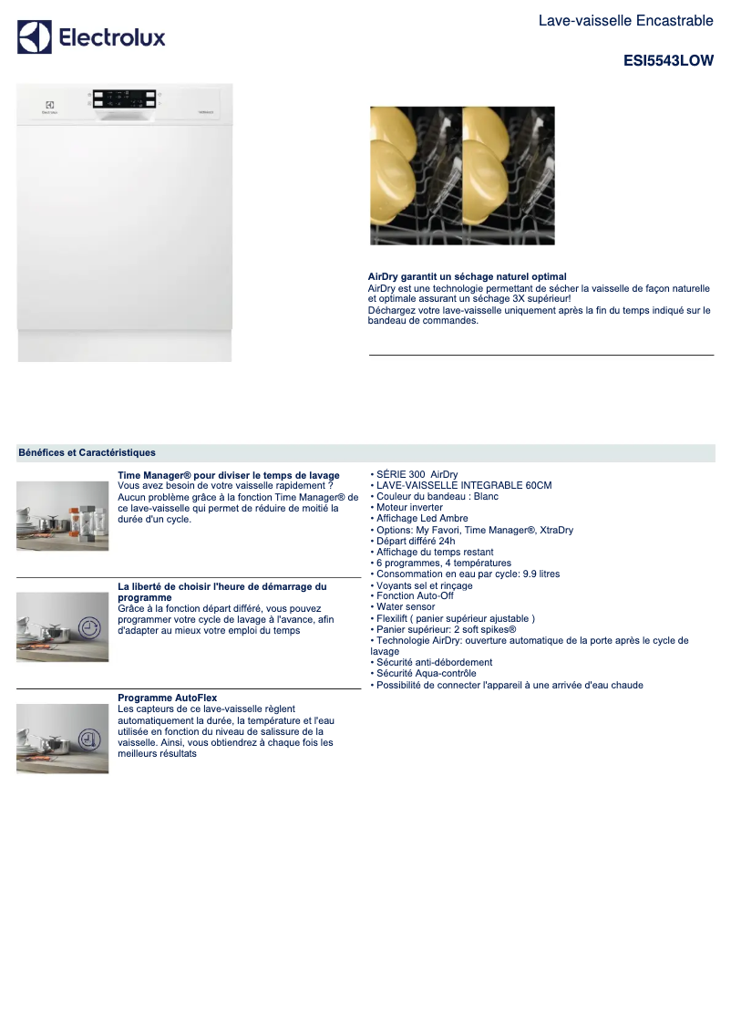 Page 1 de la notice Fiche technique Electrolux ESI5543LOW