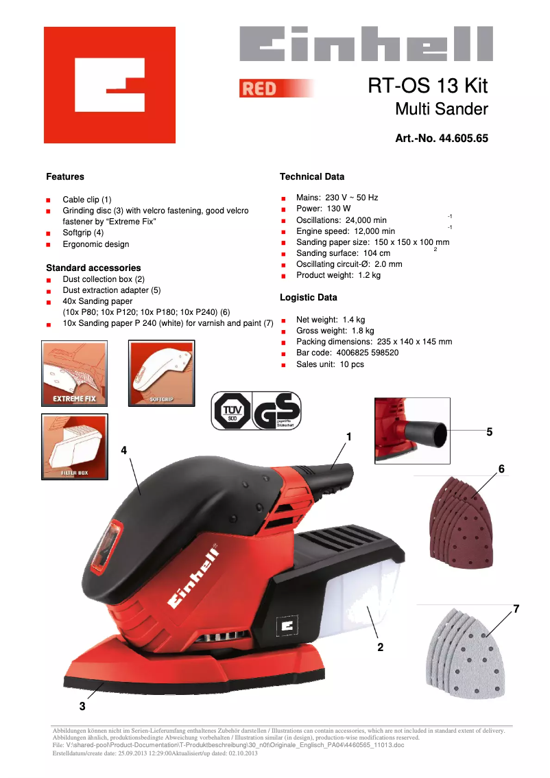 Page 1 de la notice Fiche technique Einhell RT-OS 13 Kit
