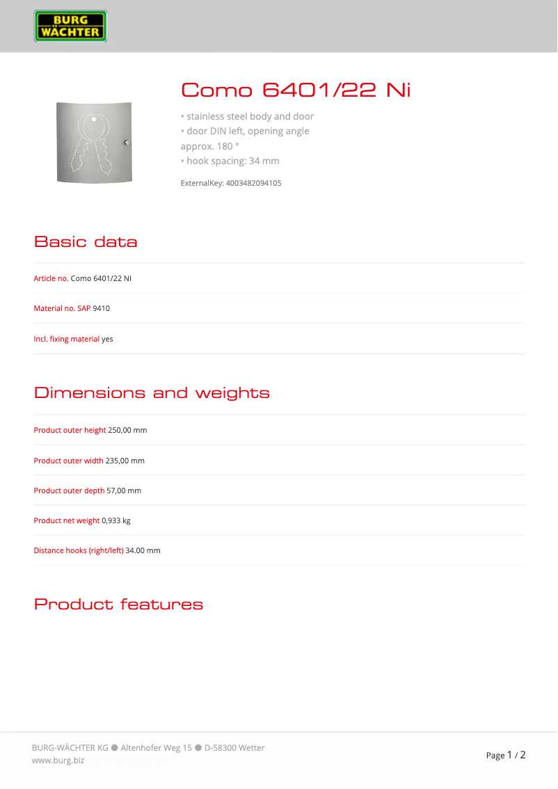 Page 1 de la notice Manuel utilisateur Burg Wächter Como 6401/22 Ni