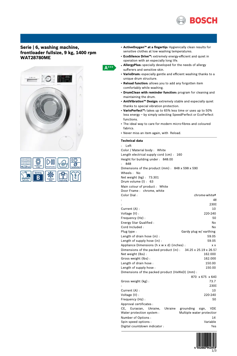 Page 1 de la notice Manuel utilisateur Bosch WAT28780ME
