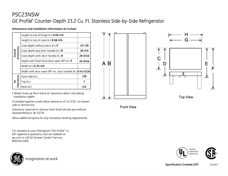Page n°1 - Fiche technique GE Profile PSC23NSWSS