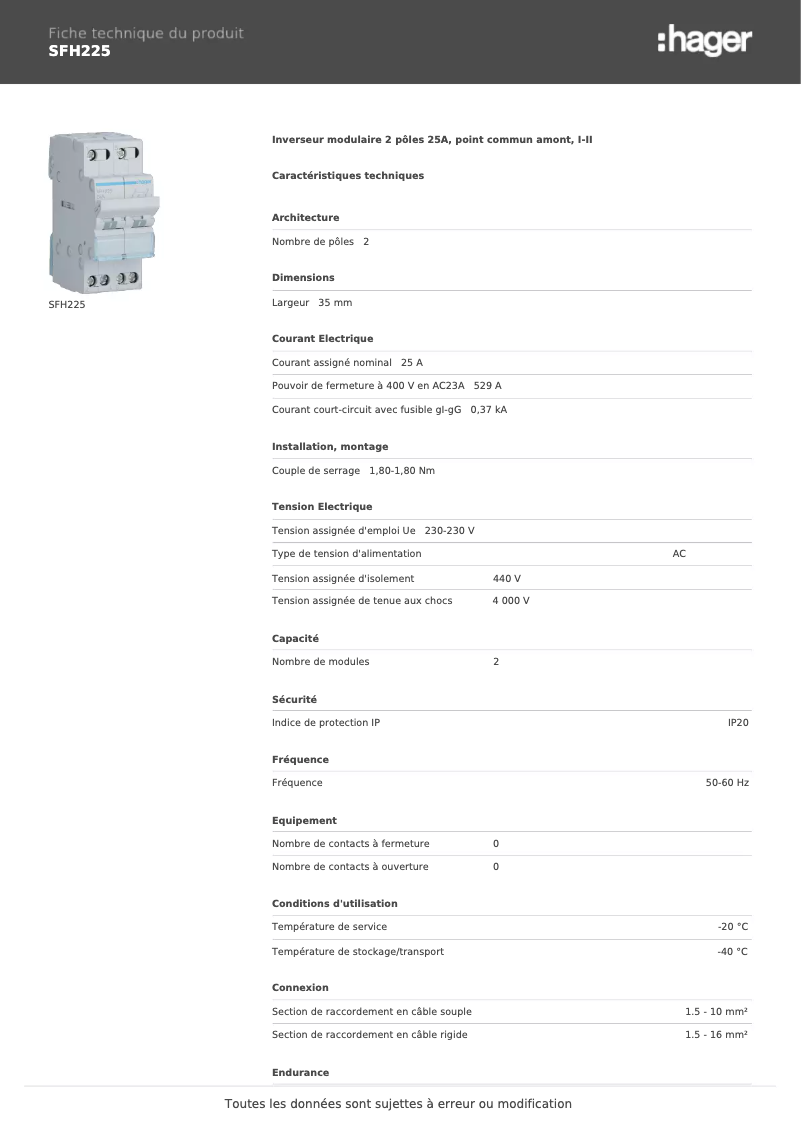 Página 1 del manual Ficha técnica Hager SFH225