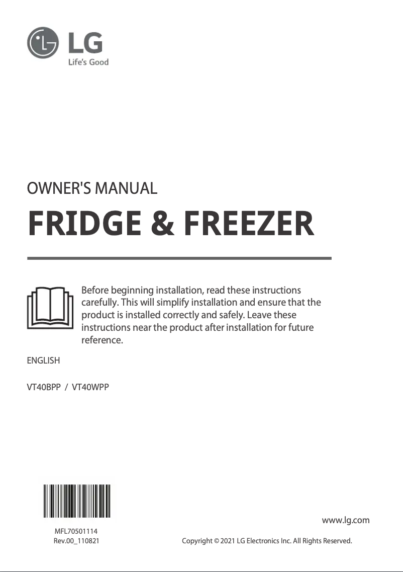 Page 1 de la notice Manuel utilisateur LG VT40WPP