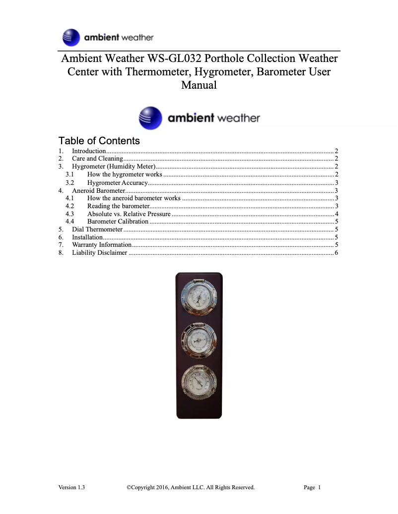 Page 1 de la notice Manuel utilisateur Ambient Weather WS-GL032
