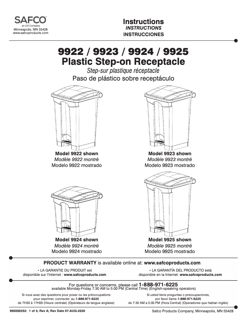 Page n°1 - Manuel utilisateur Safco Plastic Step-On 9923