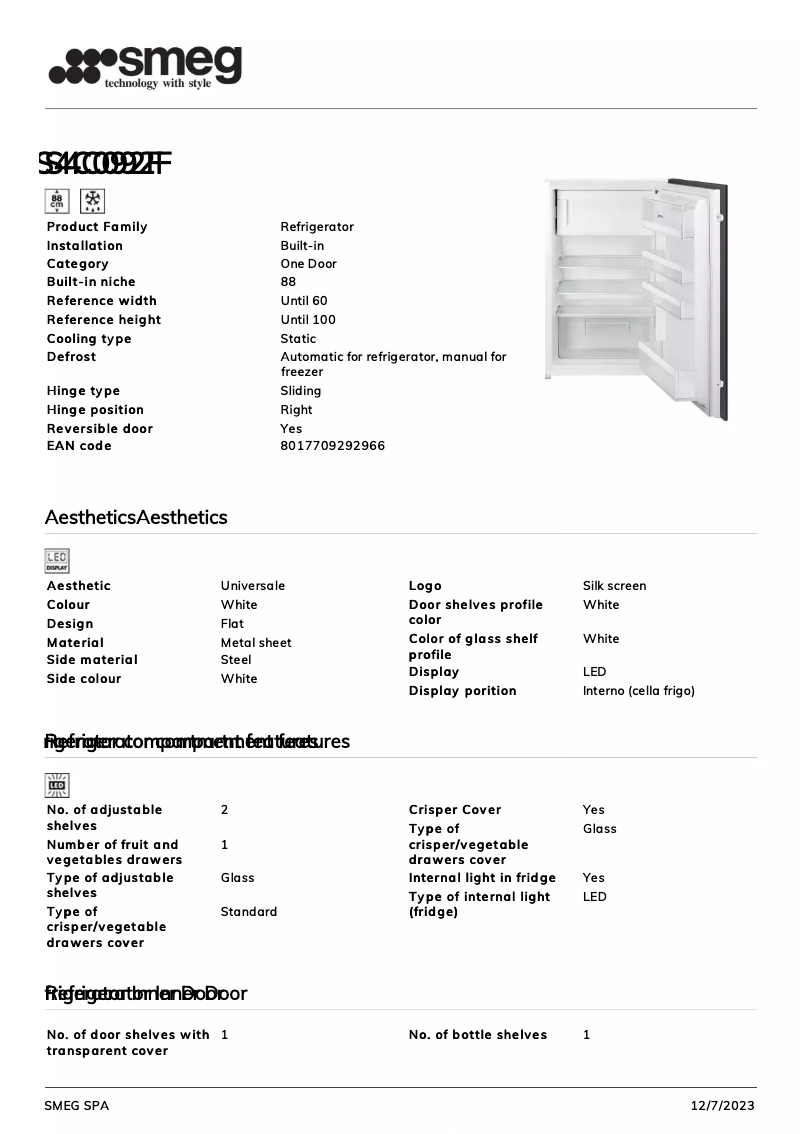Page 1 de la notice Fiche technique Smeg S4C092F
