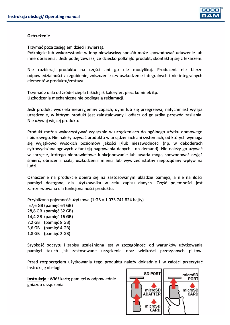 Image de la première page du manuel de l'appareil microSDHC Class 4