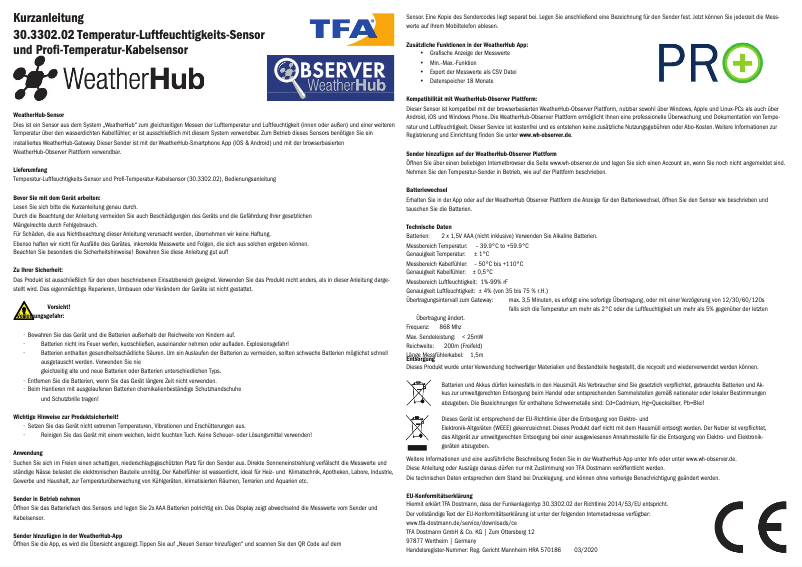 Page 1 de la notice Manuel utilisateur TFA WeatherHub 30.3302.02