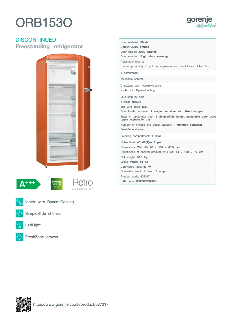 Page n°1 - Fiche technique Gorenje ORB153O