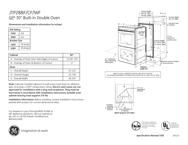 Page n°1 - Fiche technique GE JTP28SFSS