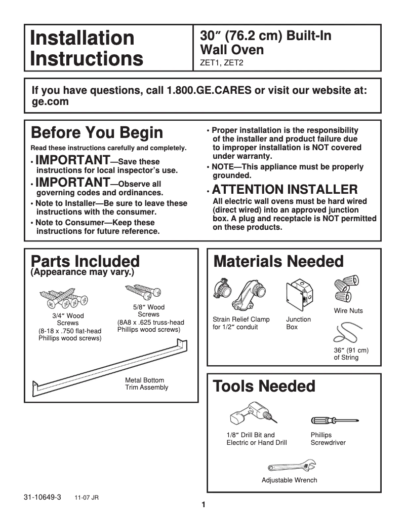 Page n°1 - Guide d'installation GE ZET2SLSS