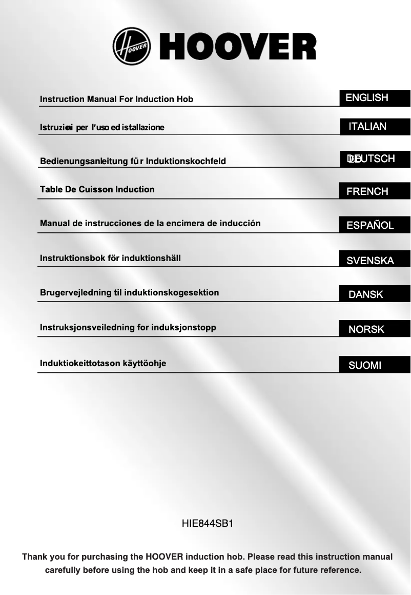 Page 1 de la notice Manuel utilisateur Hoover HIE844SB1