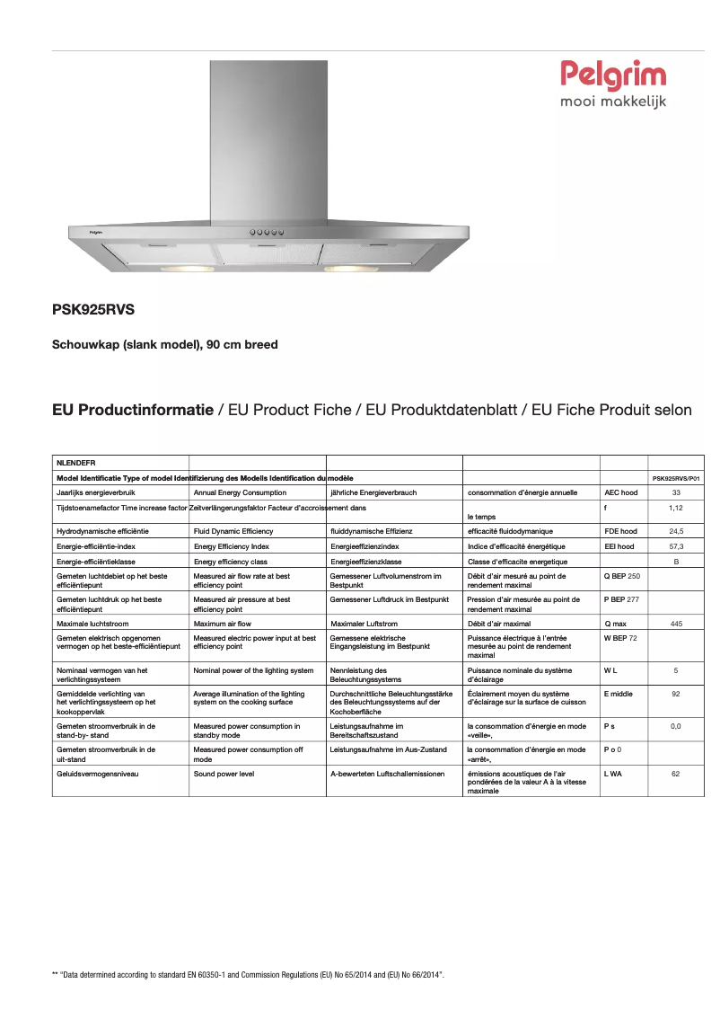 Page 1 de la notice Fiche technique Pelgrim PSK925RVS