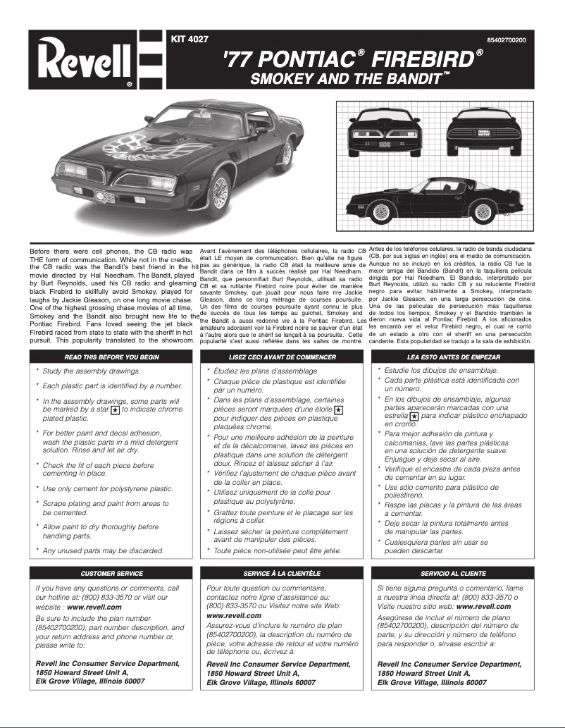 Page 1 de la notice Manuel utilisateur Revell Smokey and the Bandit '77 Pontiac Firebird