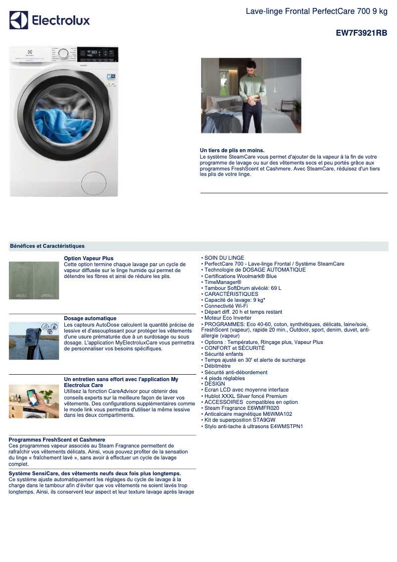 Page 1 de la notice Fiche technique Electrolux EW7F3921RB