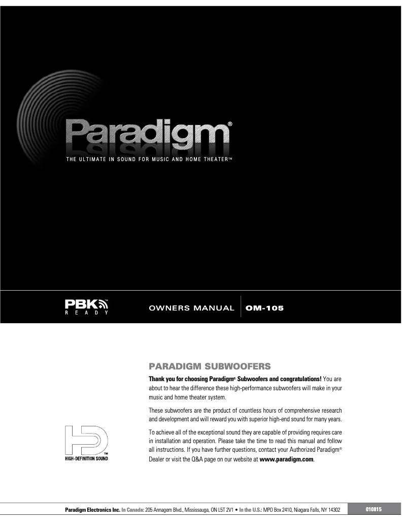 Page n°1 - Mode d'emploi Paradigm UltraCube 10