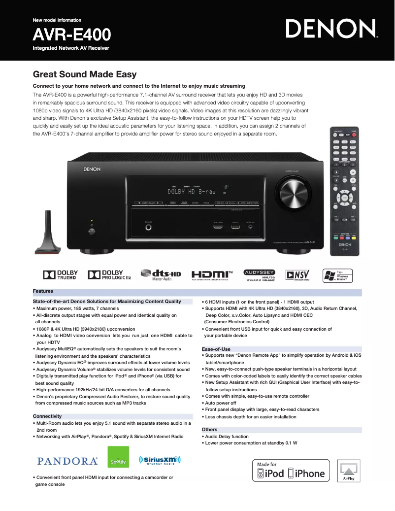 Page n°1 - Fiche technique Denon AVR-E400