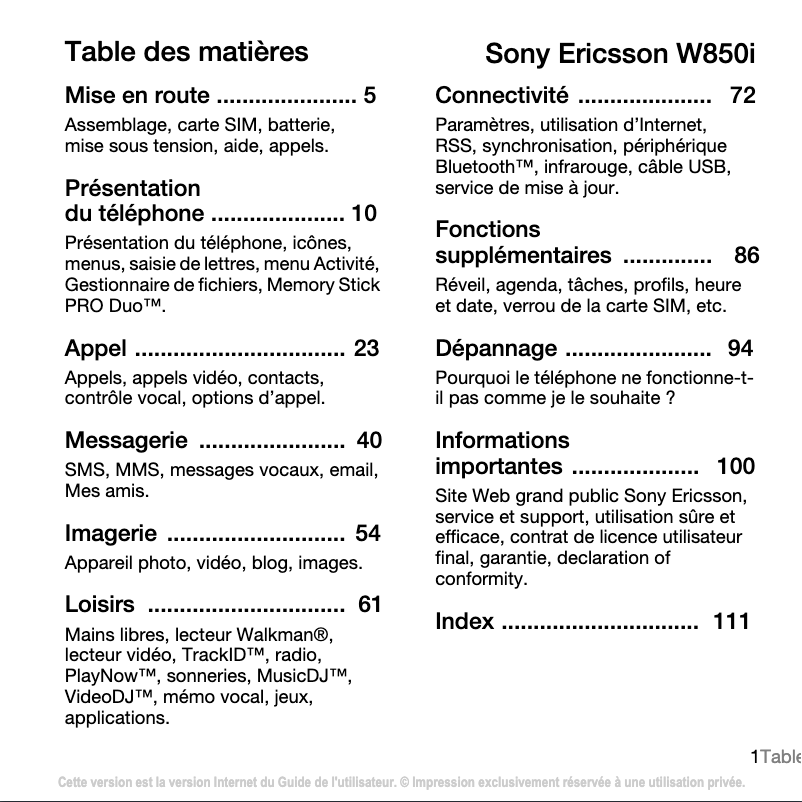 Page 1 de la notice Manuel utilisateur Sony Ericsson W850i