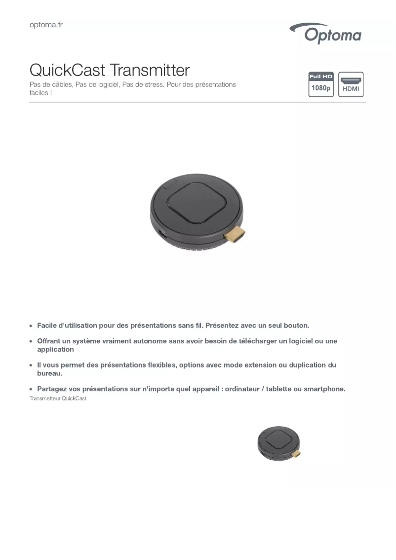 Page 1 de la notice Fiche technique Optoma QuickCast Transmitter