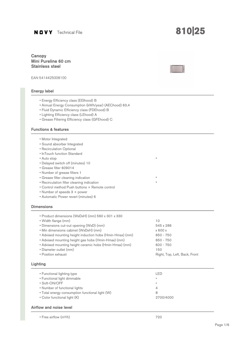 Page 1 de la notice Fiche technique Novy Pure'Line Mini 810