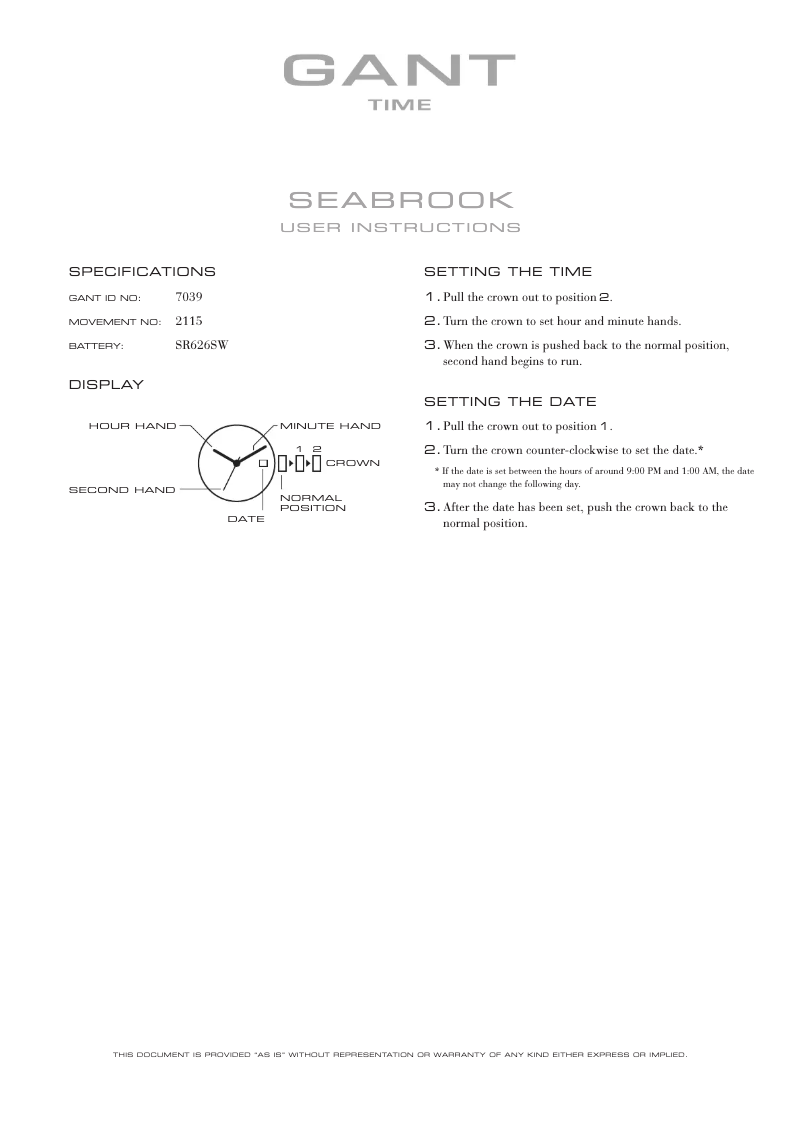 Page 1 de la notice Manuel utilisateur Gant Seabrook 7039