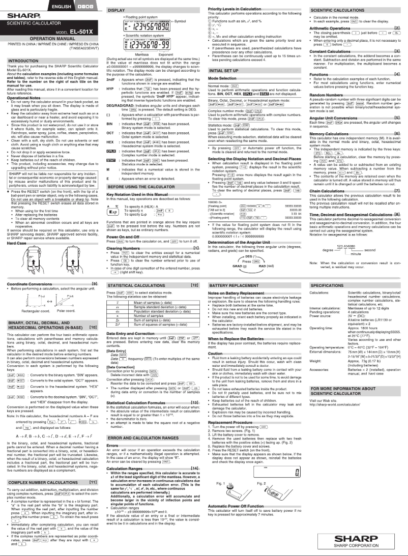 Page 1 de la notice Manuel utilisateur Sharp EL-501X