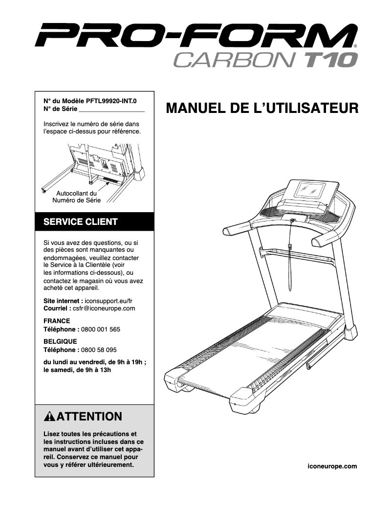 Page n°1 - Manuel utilisateur ProForm Carbon T10