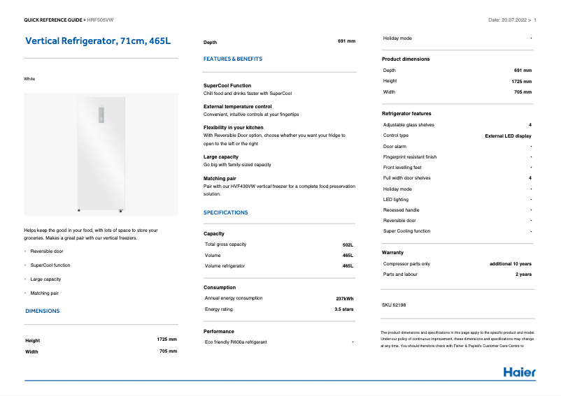 Page n°1 - Informations de garantie Haier HRF505VW