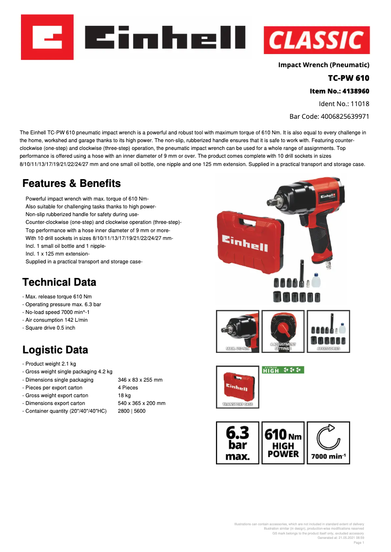 Page 1 de la notice Fiche technique Einhell TC-PW 610 Compact
