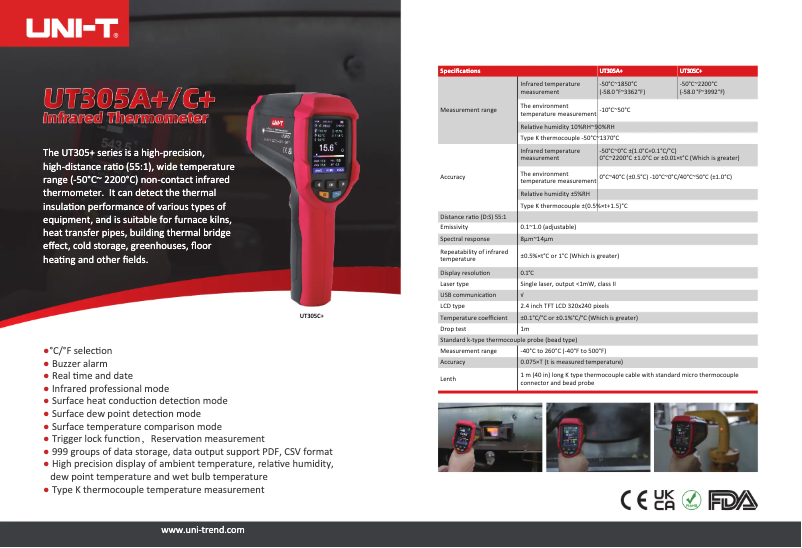 Page 1 of the manual Technical Sheet Uni-T UT305C+