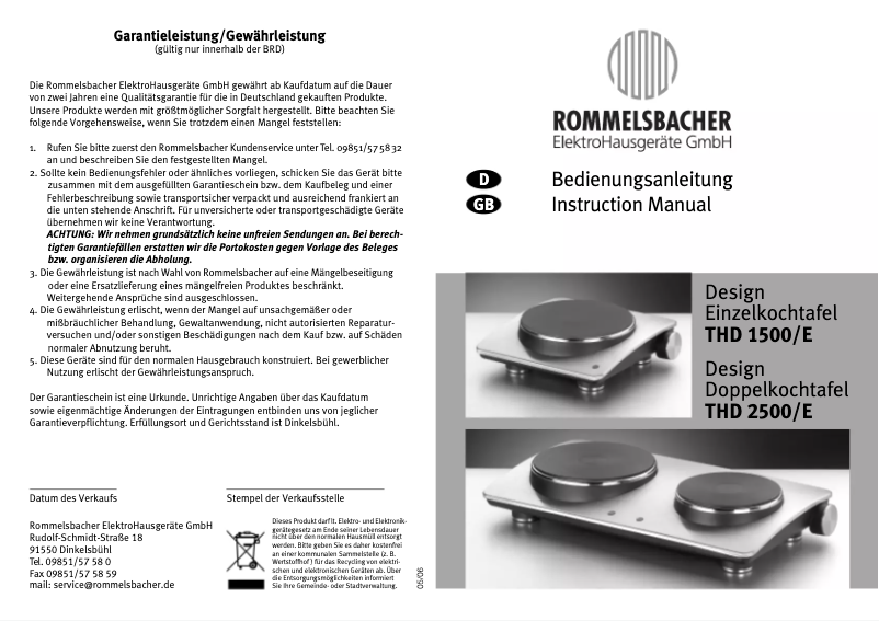 Page 1 de la notice Manuel utilisateur Rommelsbacher THD 2500