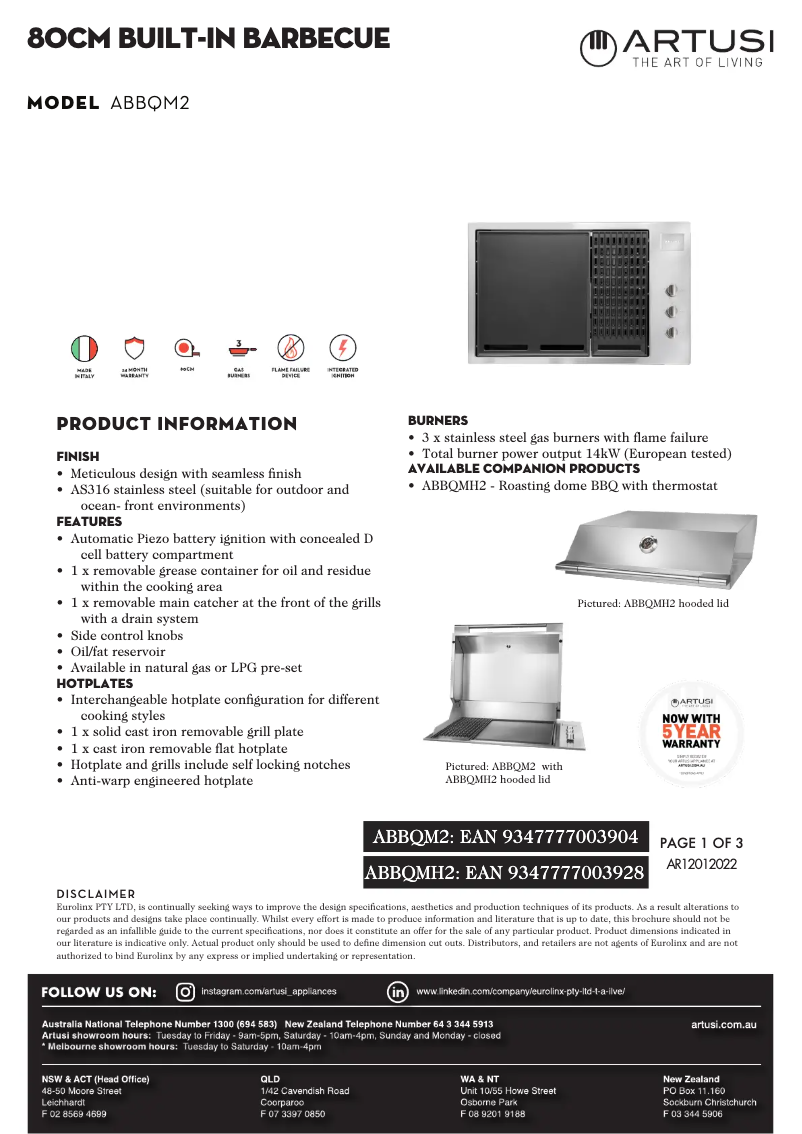 Page n°1 - Fiche technique Artusi ABBQM2