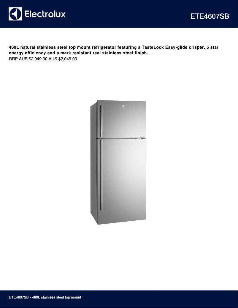 Page 1 de la notice Fiche technique Electrolux ETE4607S