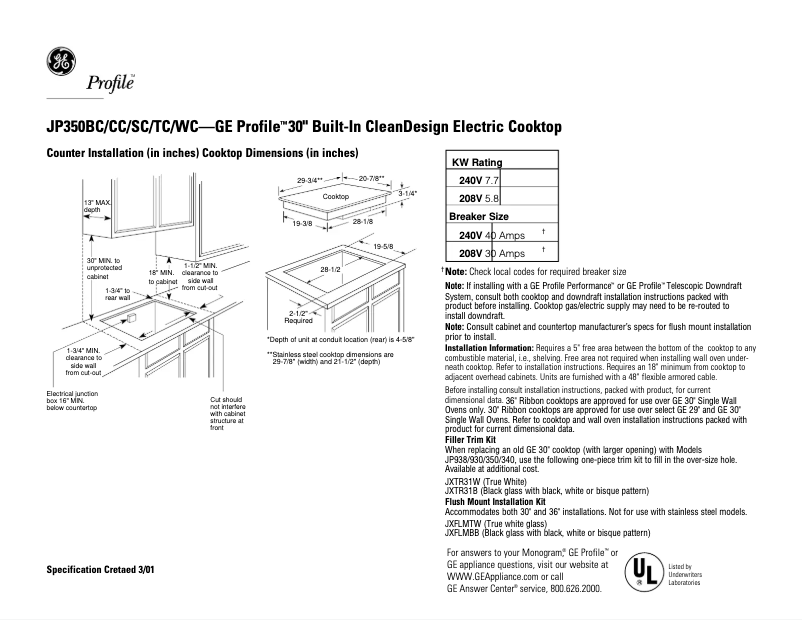 Page n°1 - Fiche technique GE Profile JP350BCBB