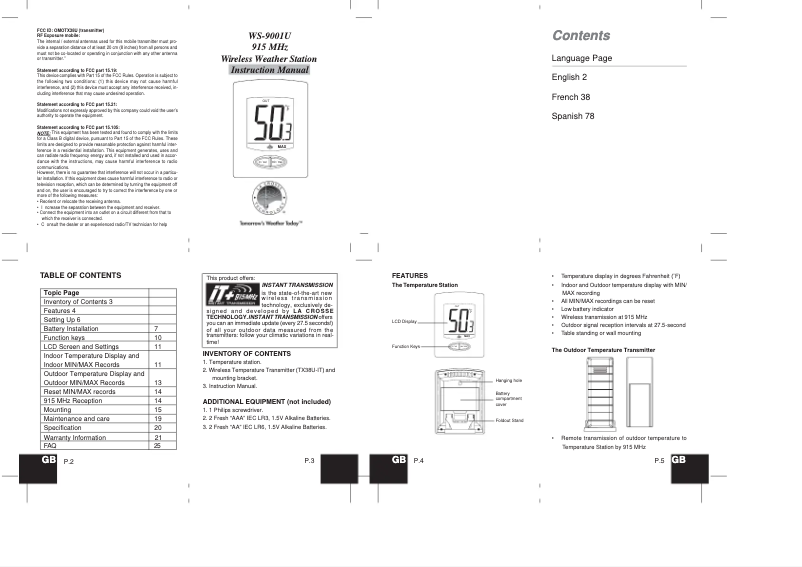 Page n°1 - Manuel utilisateur La Crosse Technology WS-9001U-IT