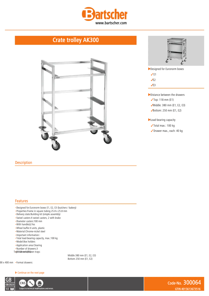 Page 1 de la notice Fiche technique Bartscher AK300