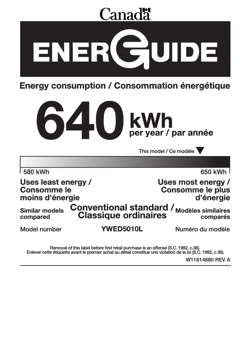 Page n°1 - Label énergétique Whirlpool YWED5010LW