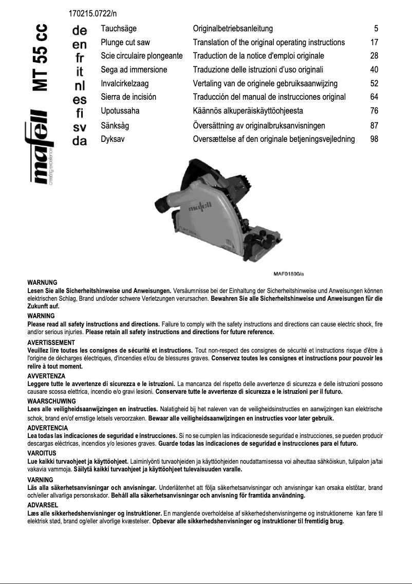Page 1 de la notice Manuel utilisateur Mafell MT 55 cc