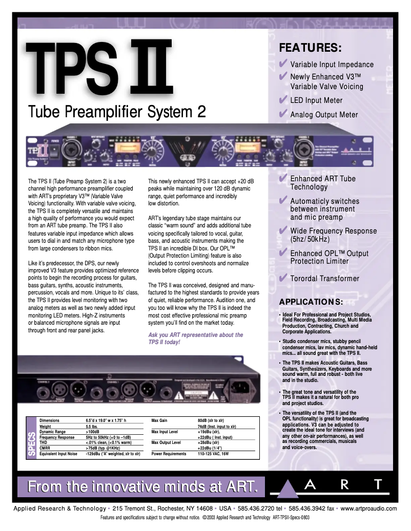 Page n°1 - Fiche technique ART TPS II