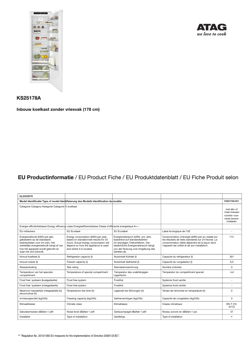 Page 1 de la notice Fiche technique Atag KS25178A