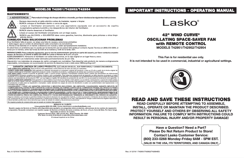 Page 1 de la notice Manuel utilisateur Lasko T42954