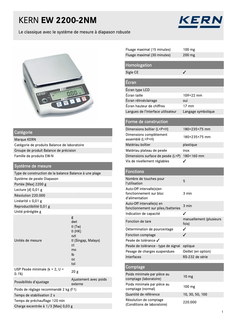 Page 1 de la notice Fiche technique Kern EW 2200-2NM