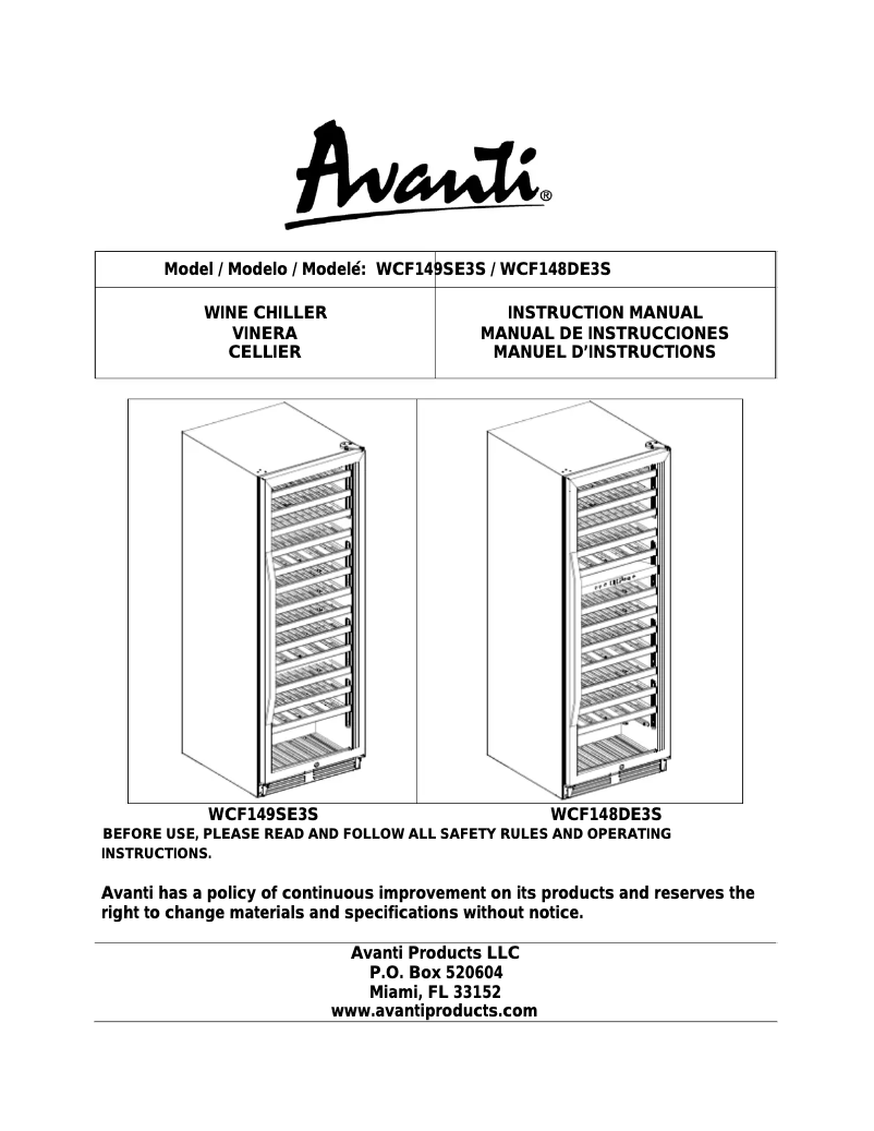 Page 1 de la notice Manuel utilisateur Avanti WCF148DE3S