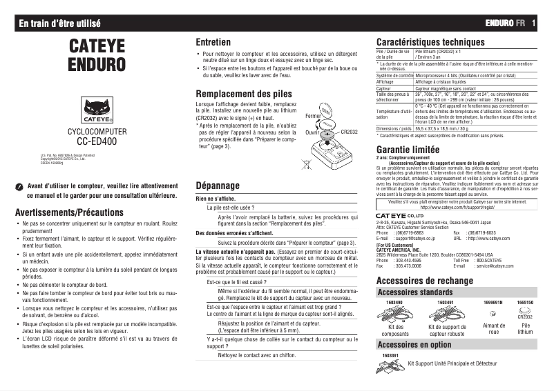 Page 1 de la notice Manuel utilisateur Cateye Enduro 8 CC-ED400