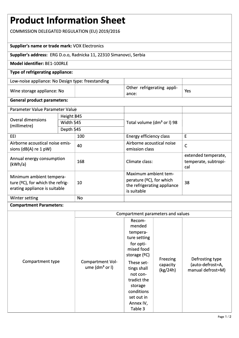 Page 1 de la notice Fiche technique VOX BE1-100RLE
