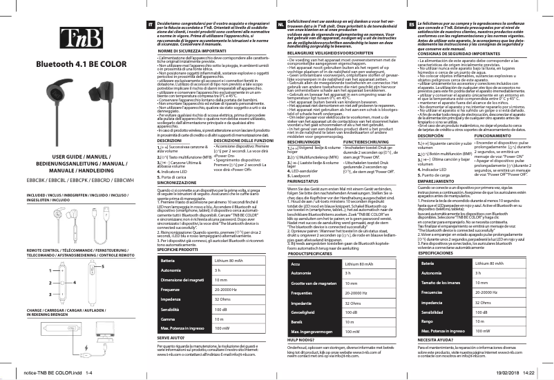 Page 1 de la notice Manuel utilisateur T'nB Bluetooth 4.1 BE COLOR