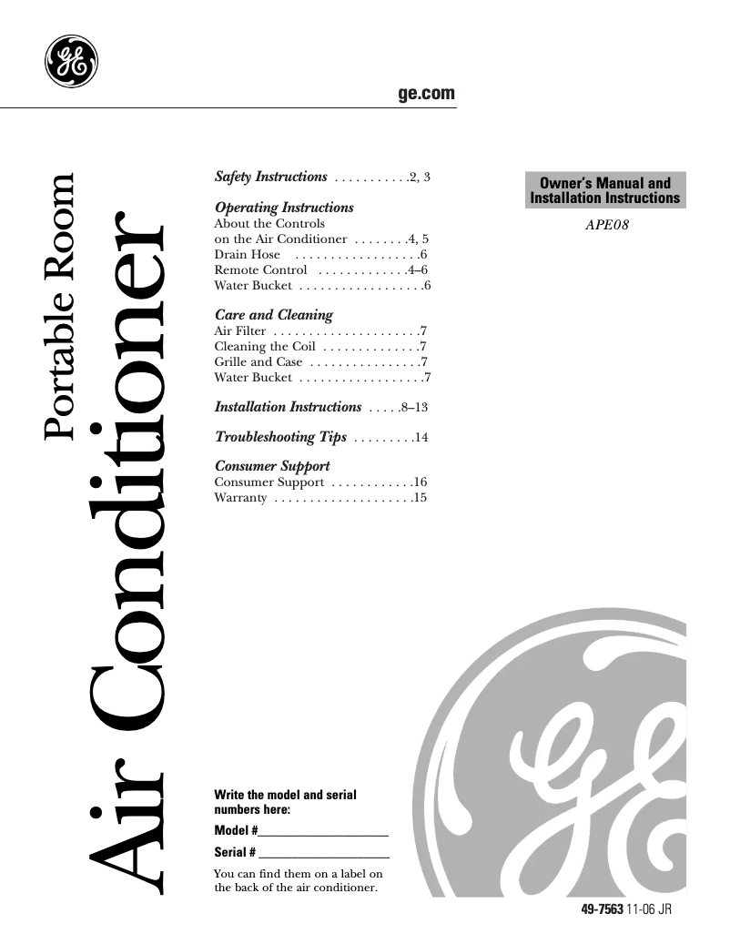 Page 1 de la notice Manuel utilisateur GE APE08AK