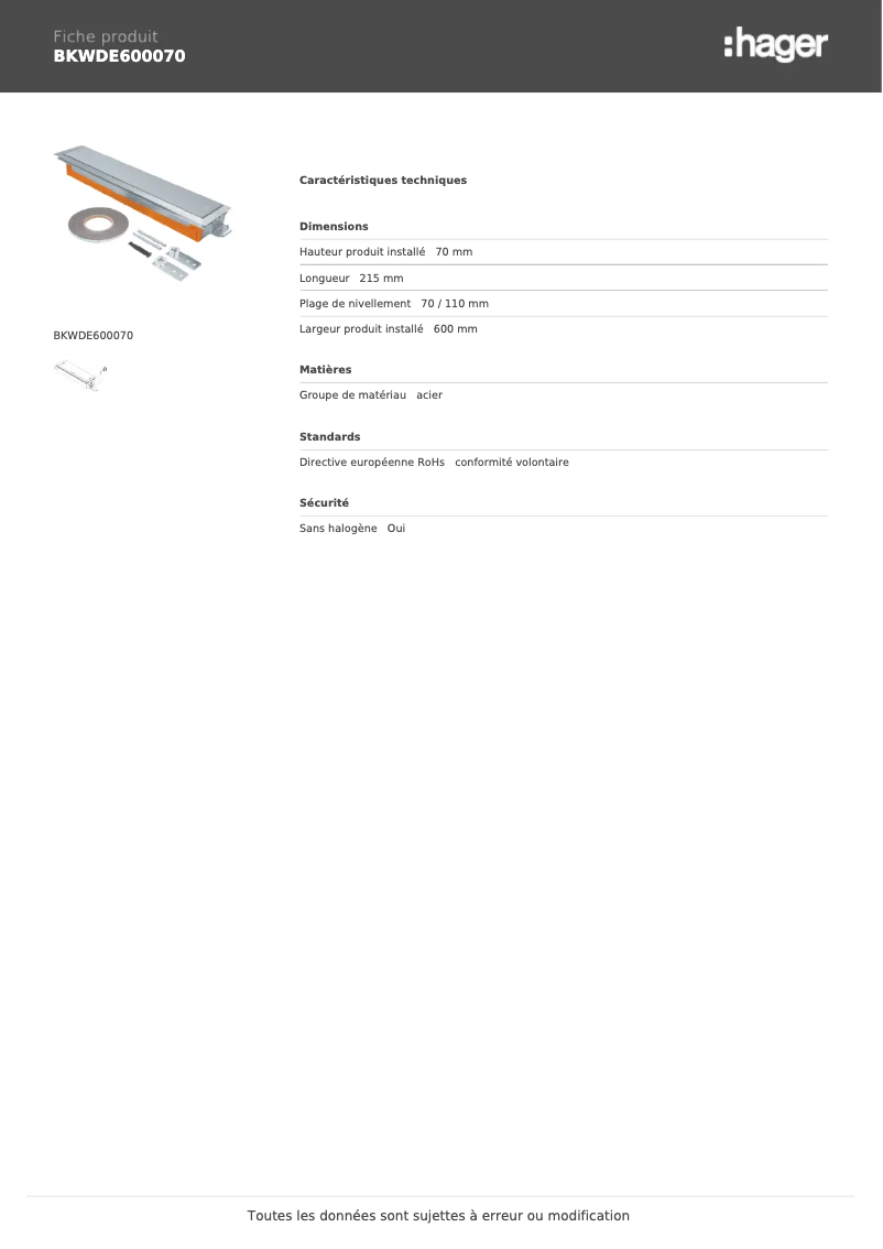 Page 1 de la notice Fiche technique Hager BKWDE600070